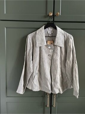 NWT 100% Linen Oversized Striped Button Up Jacket, Navy/White, TWO WISHES, S